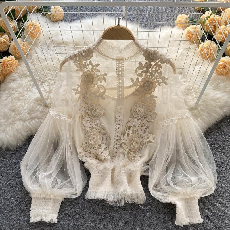 3D Floral Mesh Lantern Sleeve Blouse - Women's Short Lace Top 833 | Perfect for Summer Outfits, Date Nights & Boho Fashion