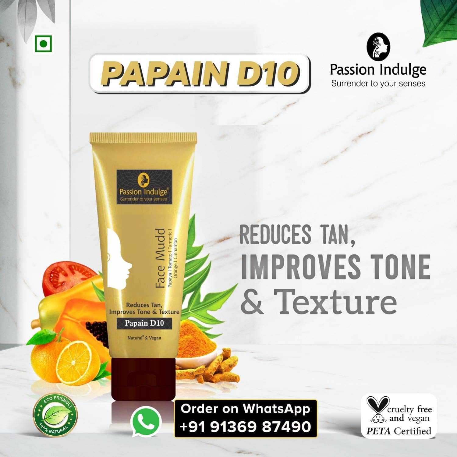 Passion Indulge Papain D10 Natural Face Mud Mask for Tan Removal & Brightening | 100% Natural Vegan Skincare | Aromatherapy Facial Treatment | PETA Certified (100g) - Perfect for Spa Days & Post-Sun Care