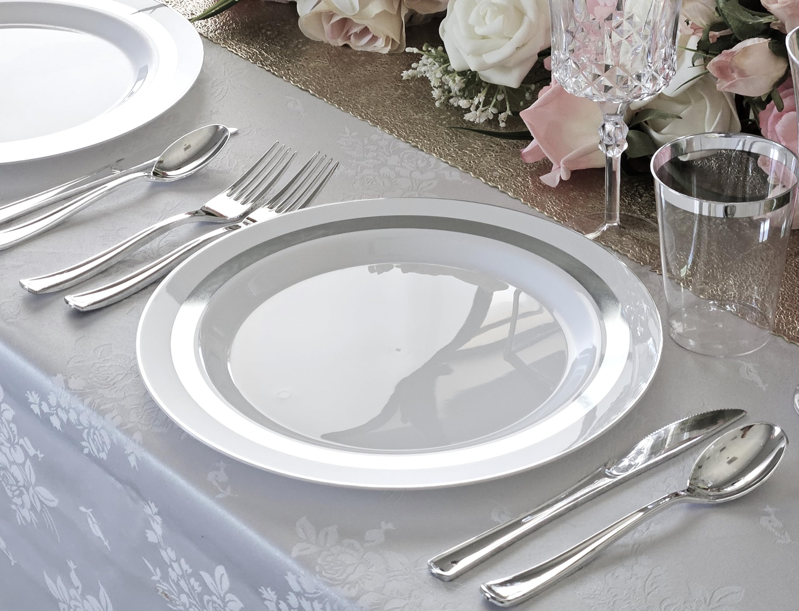 60-Pack Heavyweight Disposable Plastic Plates for Weddings & Parties - 10.5 Inch Dinner Plates in Elegant Soleil White & Silver - Perfect for Birthday Celebrations, Bridal Showers, and Special Events