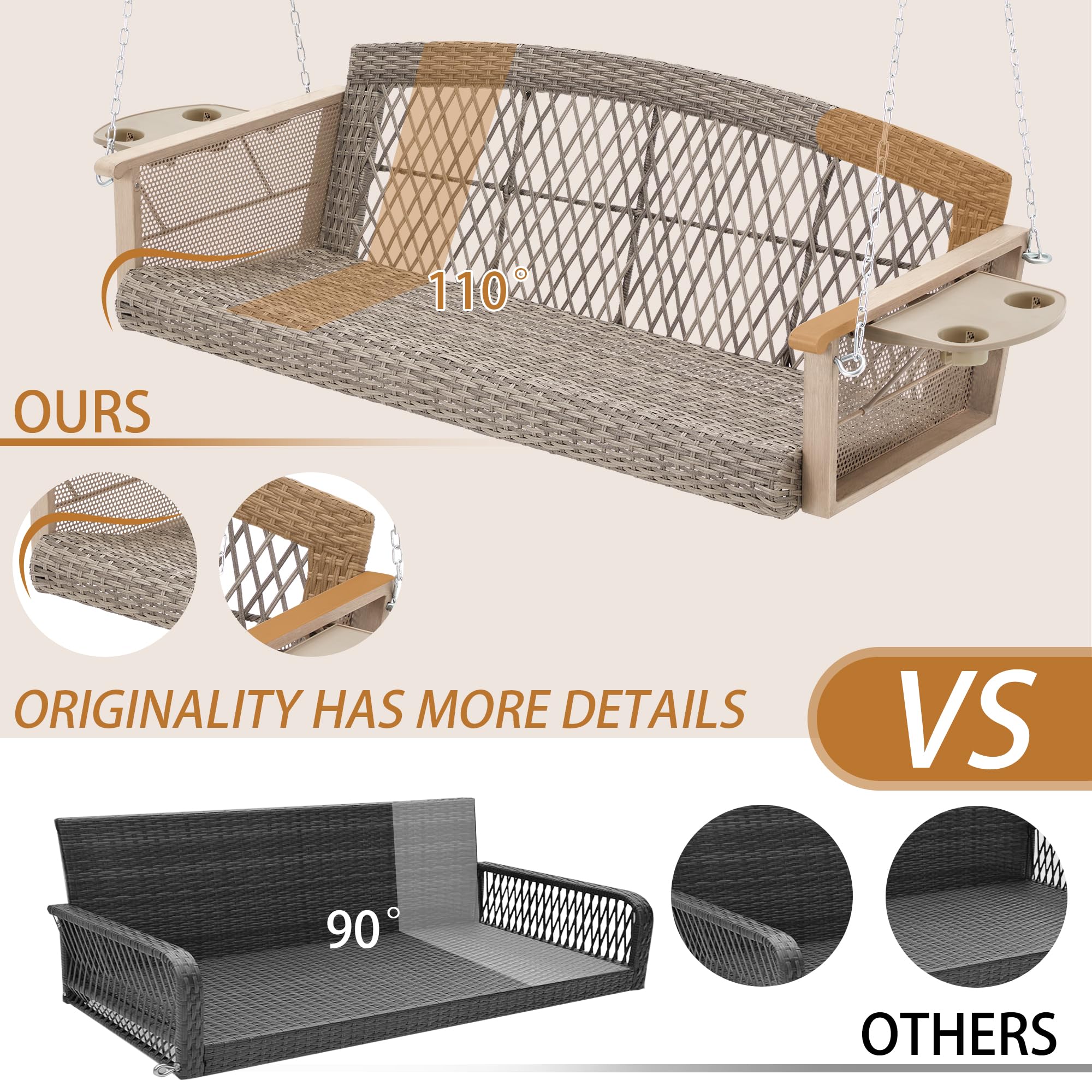 HOMREST 55 Inch 3-Person Wicker Porch Swing with Upgraded Cup Holders & Cushions - 900lbs Capacity Patio Hanging Bench Chair with Chains for Deck, Garden, Backyard - Perfect for Outdoor Relaxation & Entertaining (Beige)