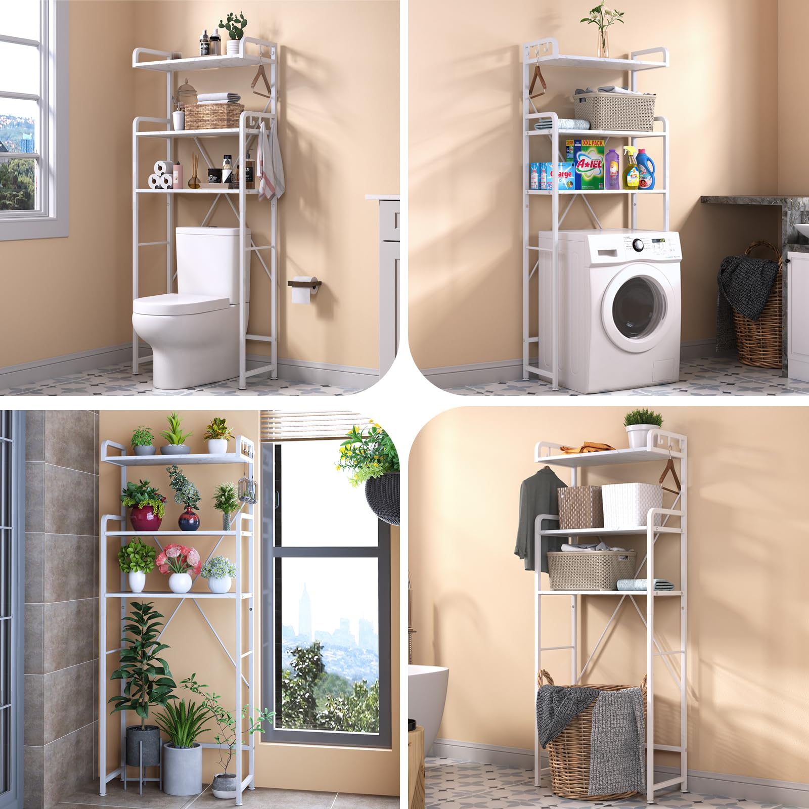 3-Tier Over The Toilet Storage Rack - White Faux Marble Bathroom Shelf Organizer with Hooks | Space-Saving Toilet Storage Solution for Towels, Toiletries & Bathroom Essentials