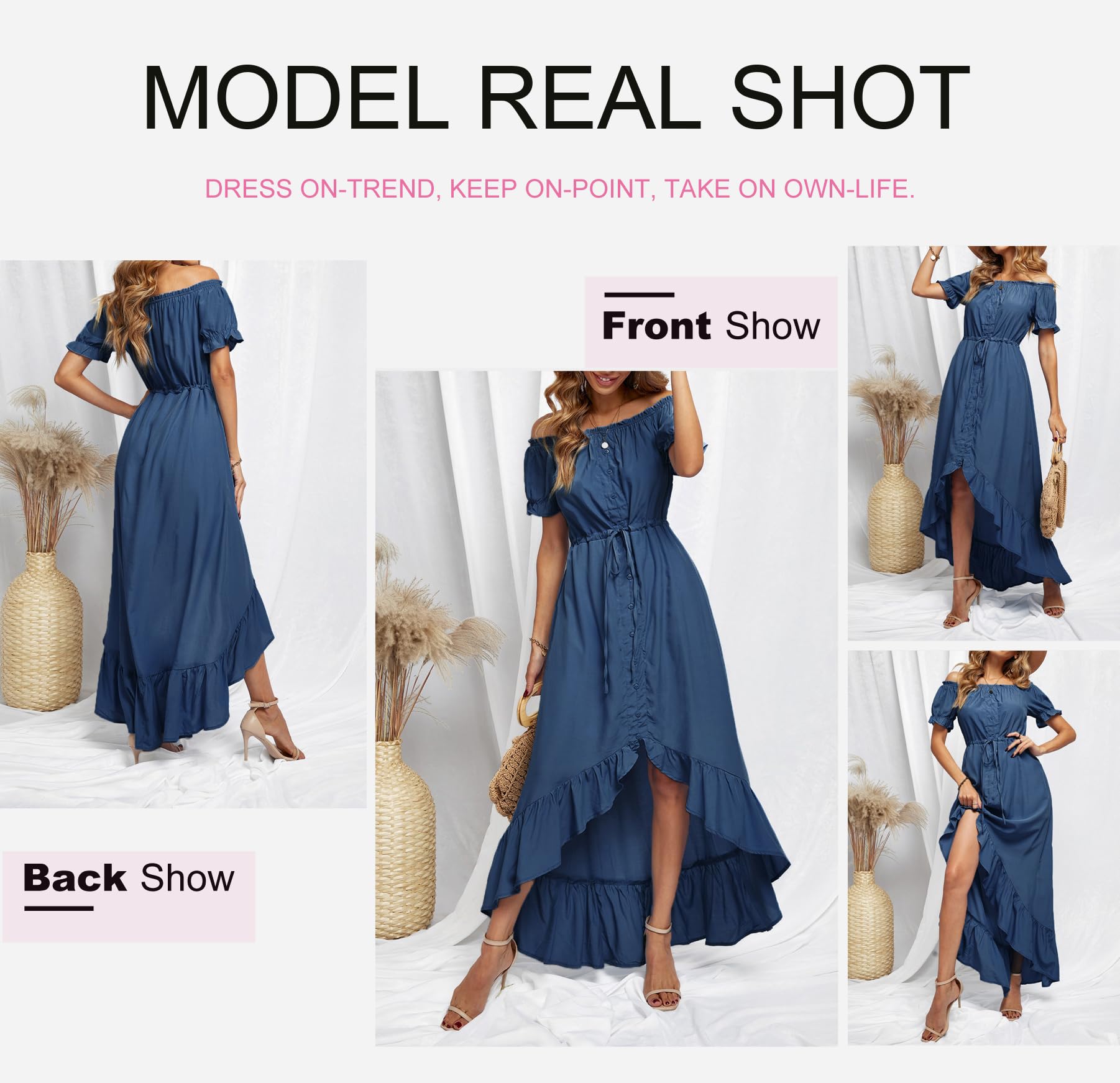 Dokotoo Women's 2024 Off Shoulder Casual Short Sleeve High Low Maxi Dress - Solid Color Cocktail Skater Dress for Summer Beach Party & Evening Out
