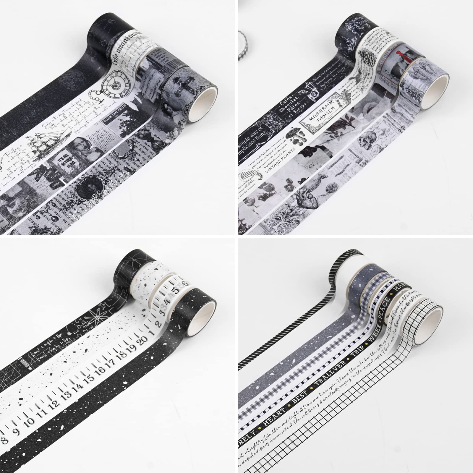 Gothic Aesthetic Black and White Washi Tape Set - 20 Rolls Japanese Decorative Tape for Scrapbooking, Journaling, Planner & DIY Crafts - Perfect for Bullet Journals, Gift Wrapping & Home Decor