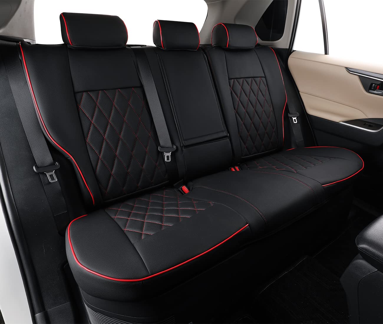 Premium Leather Car Seat Covers for Toyota RAV4 2019-2025 (LE/XLE/XLE Premium/Limited) - Custom Fit, Black with Red Piping - Full Set Protection for Commuting, Road Trips & Family Adventures