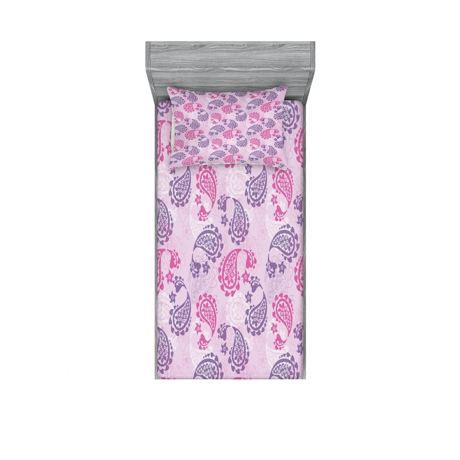 Ambesonne 2-Pack Paisley Print Twin XL Fitted Sheets & Pillow Sham Set - 4 Piece Bedding Decor in Fuchsia Lilac - Soft Microfiber for Dorm, Guest Room & Kids Bedroom