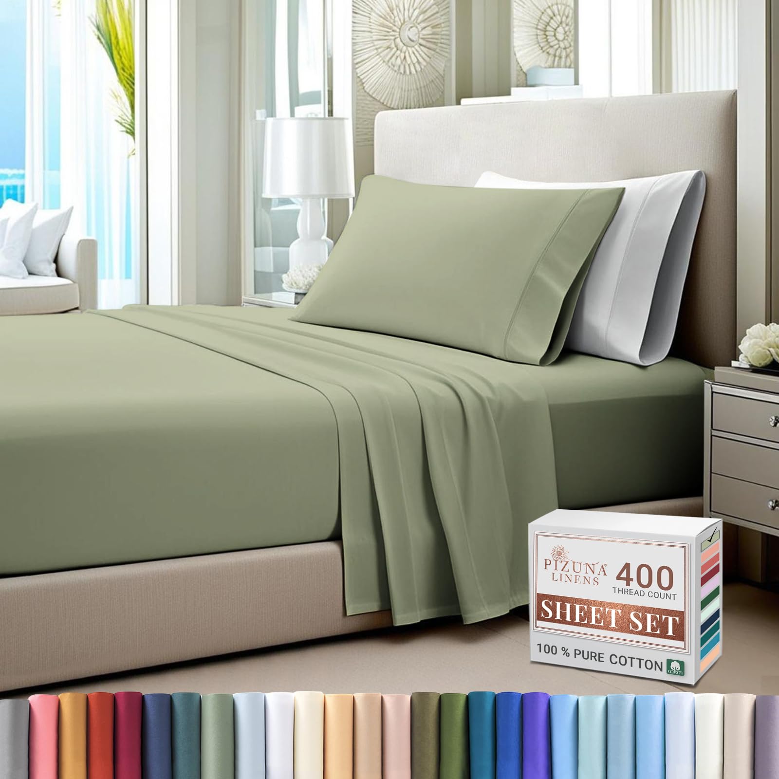 Pizuna Pure 100% Cotton Twin XL Sheets - 400 Thread Count Luxury Sateen Bedding Set with 15