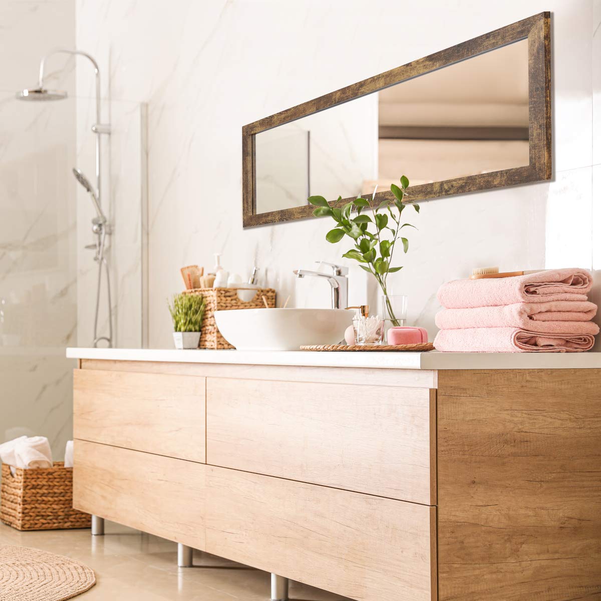 Sunix 48x14 Inch Full Length Wall Mirror with Rustic Wood Frame - Hanging Door & Body Mirror for Bedroom, Living Room, Entryway & Dressing Area