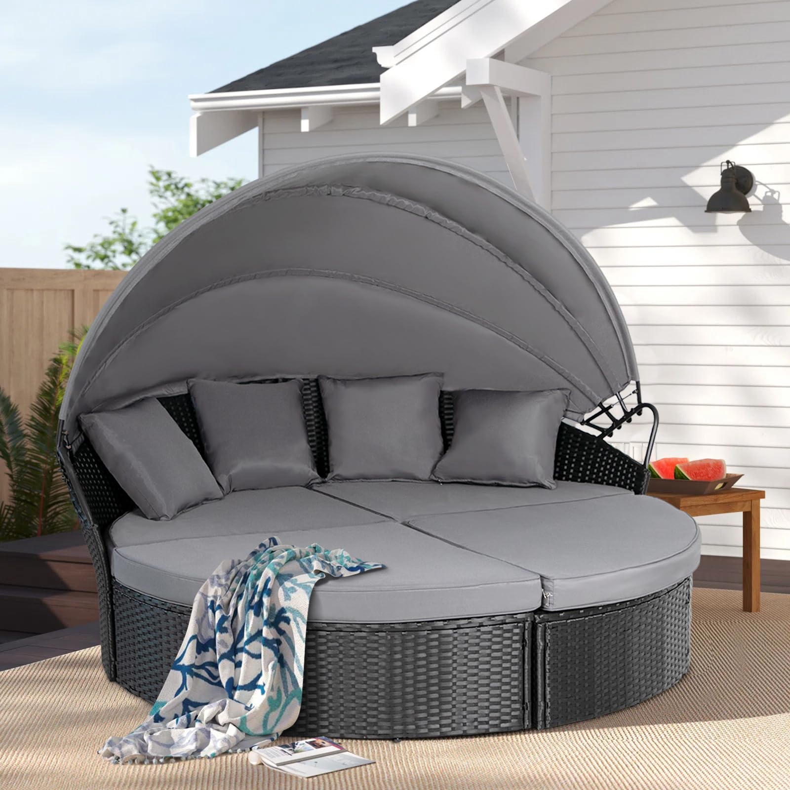 Crownland Outdoor Patio Canopy Bed - Round Wicker Daybed with Washable Cushions & Retractable Canopy, Clamshell Sectional Seating Furniture for Backyard, Porch, Poolside Relaxation (Black) - Perfect for Lounging, Sunbathing, and Outdoor Entertaining