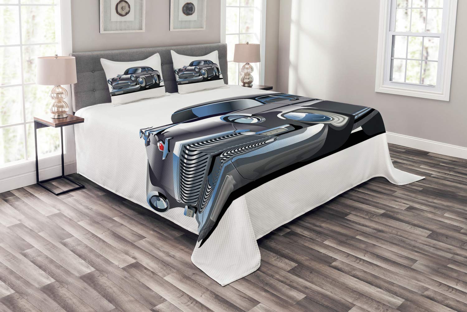 Ambesonne Retro Car Design Bedspread Set - 3 Piece King Size Bedding with 2 Pillow Shams, Asymmetric Tire & Speeding Car Print in Grey & Dark Grey | Perfect for Car Enthusiasts' Bedroom Decor, Man Cave or Teen Boy's Room
