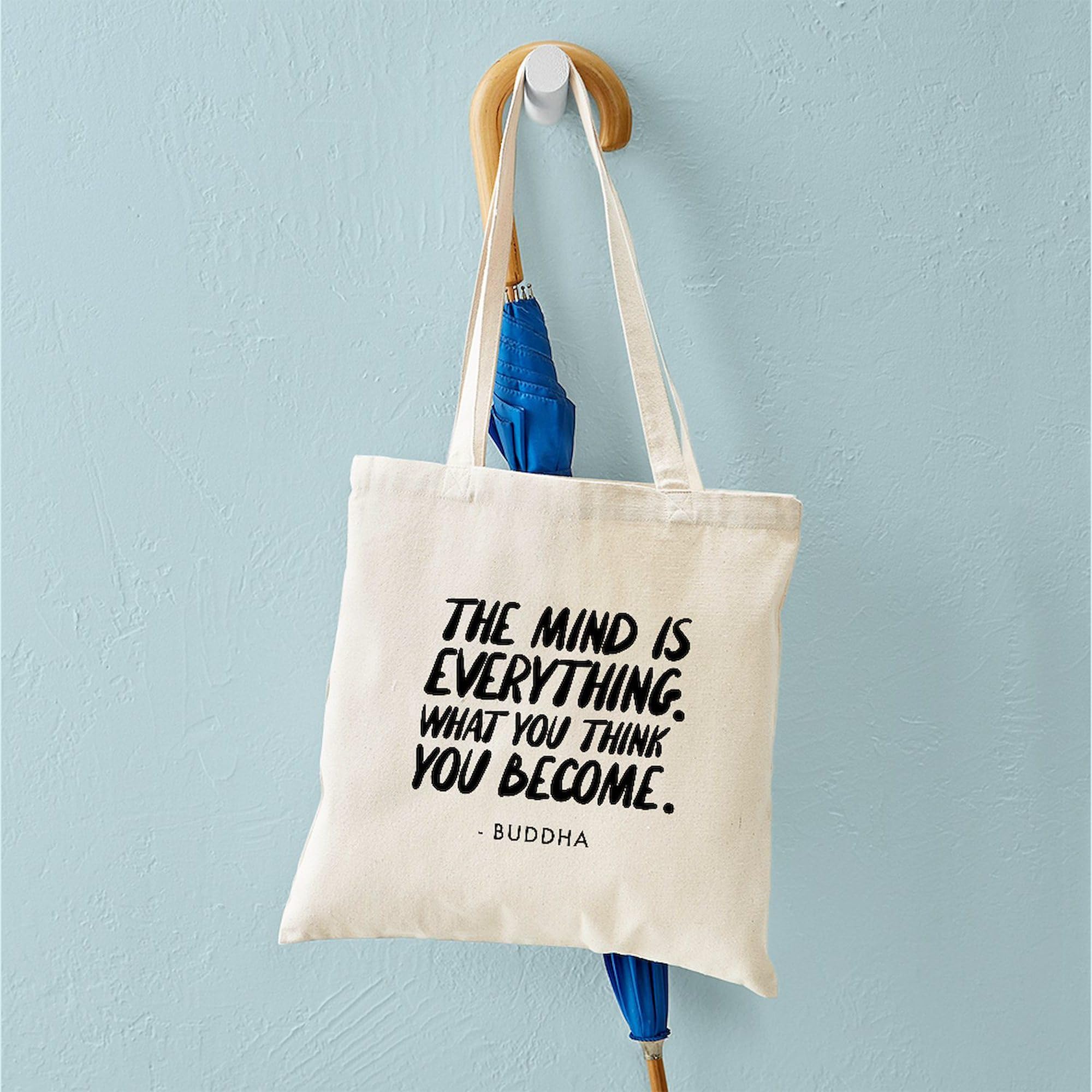 Buddha Quote 'The Mind Is Everything' Natural Canvas Tote Bag - Eco-Friendly Reusable Shopping Bag for Yoga, Meditation & Daily Use