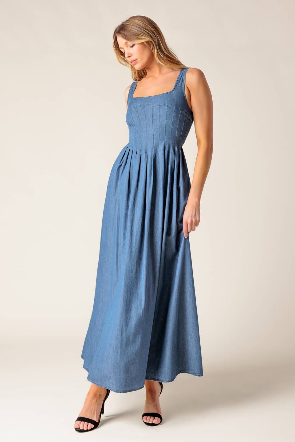Blue Ridge Dreams Pintuck Denim Midi Dress - Women's Casual Stretch Denim Dress for Spring & Summer, Perfect for Brunch, Date Night & Outdoor Events