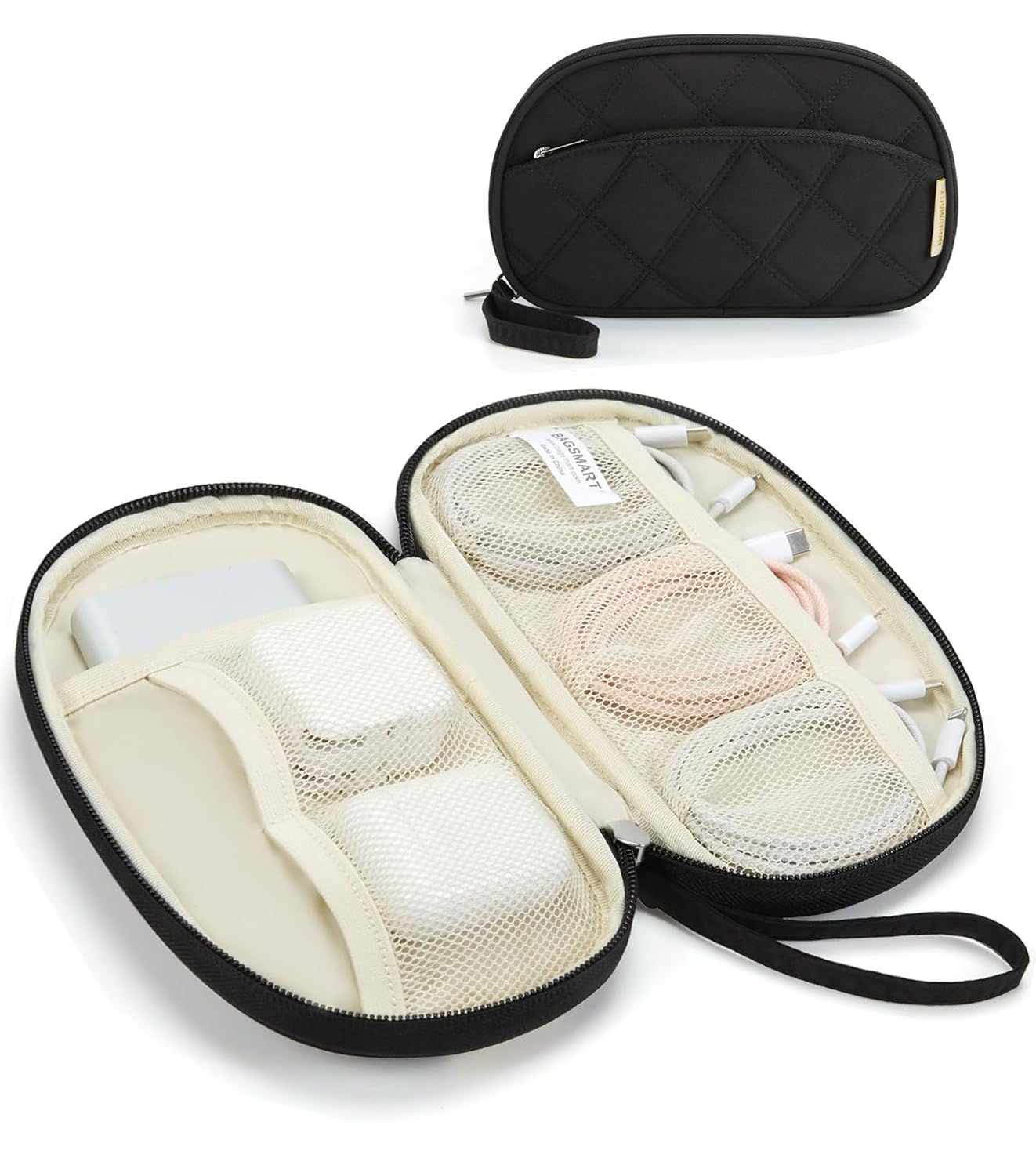 BAGSMART Travel Electronics Organizer - Puffer Cable Organizer Bag for Charger, Phone, Flash Drive & Accessories | Compact Tech Case for Women | Perfect for Business Trips, Vacations & Daily Commute (Black)