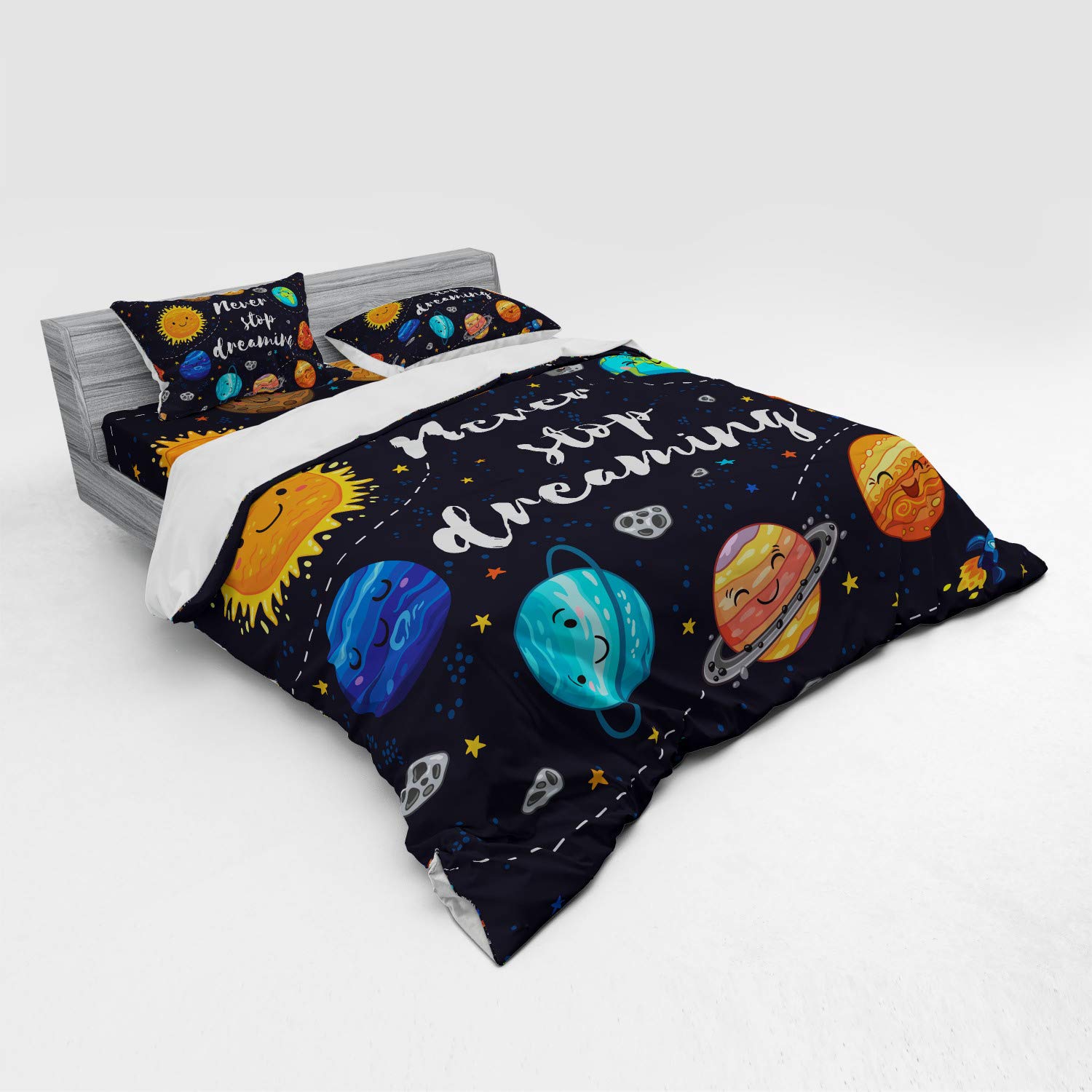 Ambesonne Space Themed 4-Piece King Size Bedding Set - Duvet Cover, Shams & Fitted Sheet with Solar System, Planets & Stars Design | Perfect for Astronomy Lovers & Sci-Fi Themed Bedrooms