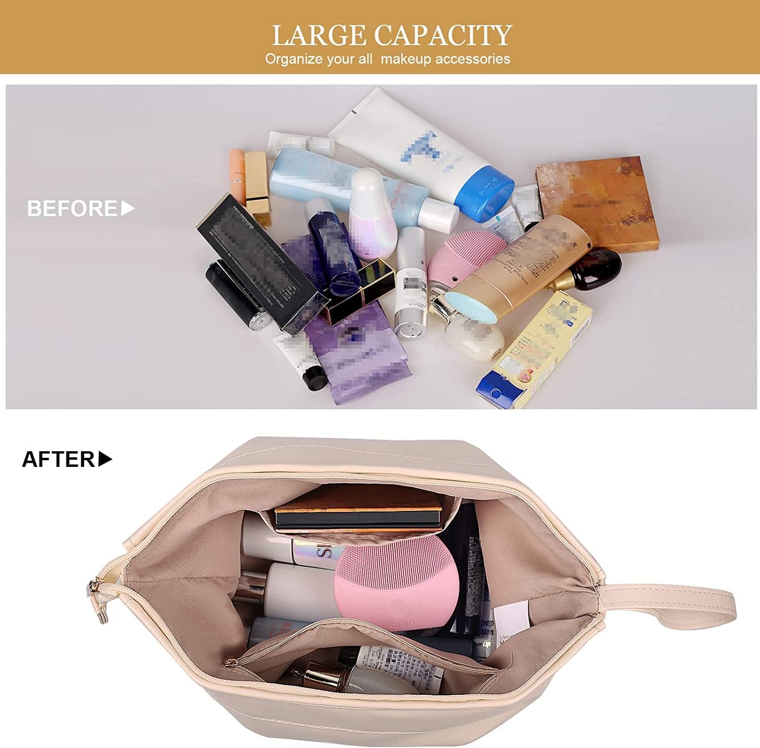 Double Layer Leather Makeup Bag for Women - Large Capacity Travel Toiletry Organizer (25cm, White) - Perfect for Cosmetic Storage, Business Trips & Vacation Essentials