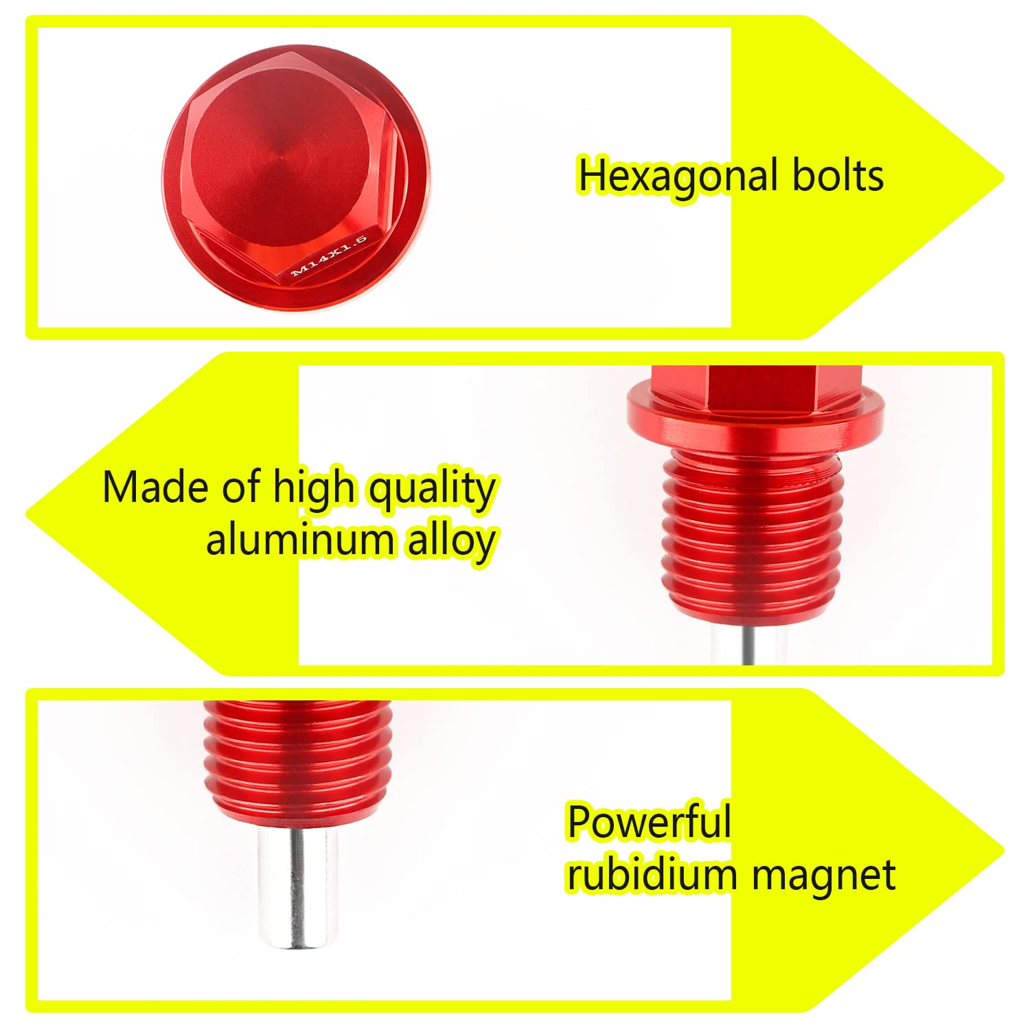 M14 x1.5 Magnetic Oil Drain Plug Kit with Gaskets - Compatible with Honda Civic, Accord, Clarity, City & Acura CL, CSX - Red - Engine Protection Accessories (Perfect for Oil Changes & Prevent Metal Debris in Engine)
