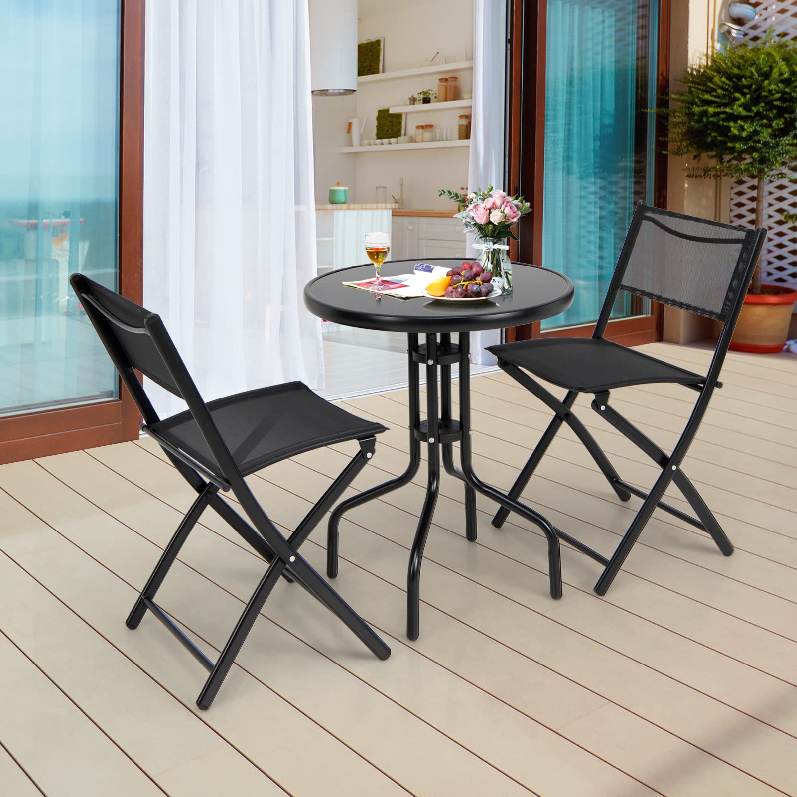 Tangkula 3-Piece Folding Patio Bistro Set - Outdoor Table & Chairs with Tempered Glass Top, Round Dining Set for Garden, Poolside, Backyard & Balcony | Perfect for Small Spaces, BBQs & Outdoor Entertaining
