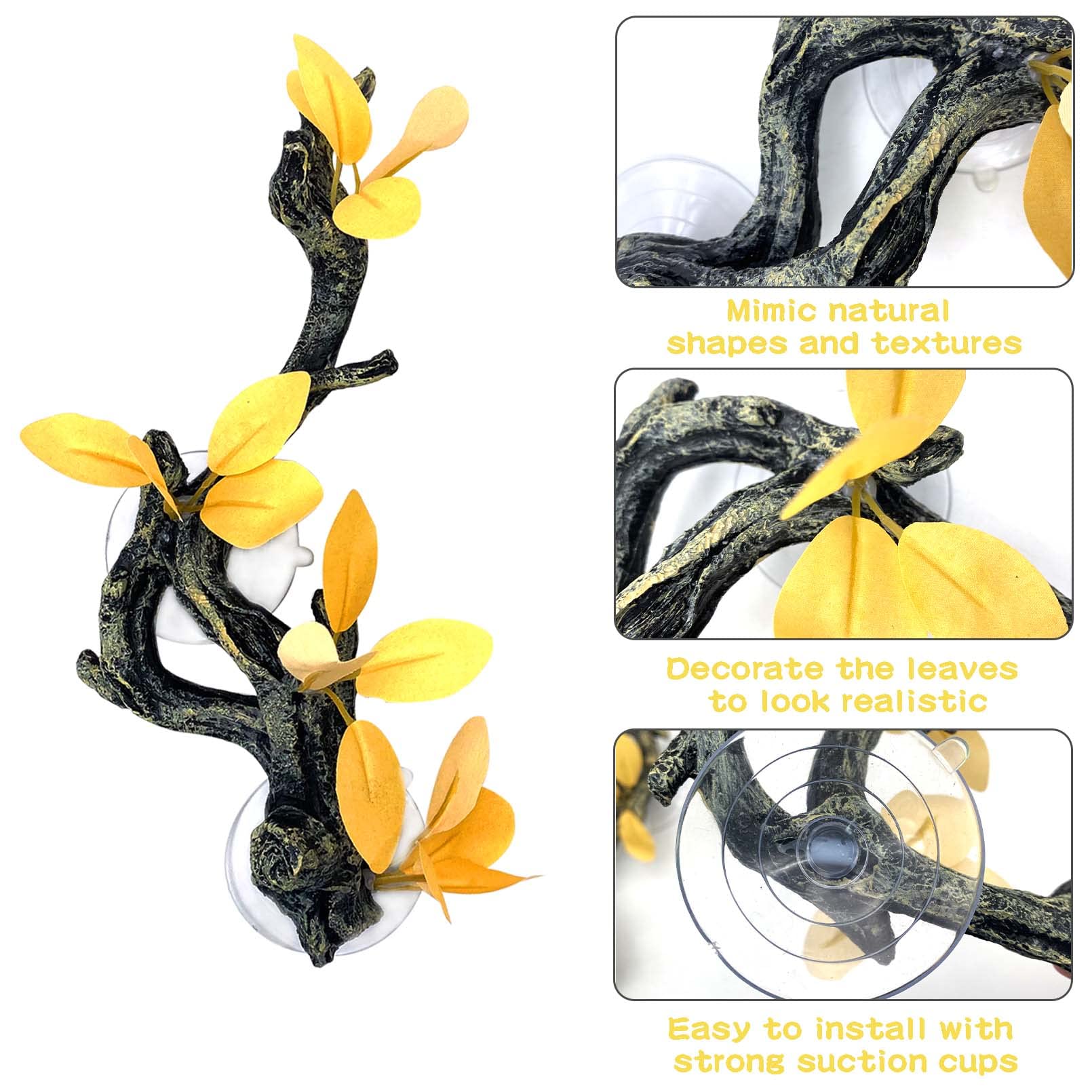 Kathson Reptile Climbing Branch - Natural Wood Terrarium Decor with Suction Cups for Lizards, Bearded Dragons, Geckos, Snakes & Frogs | Perfect for Climbing, Perching & Habitat Enrichment (Yellow)