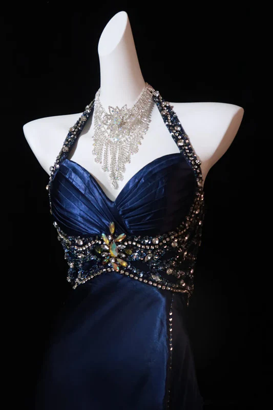 Elegant Navy Blue A-Line Halter Prom Dress with Beaded Slit Detail - Perfect for Evening Gala, Homecoming Dance & Formal Events (Style J6560)