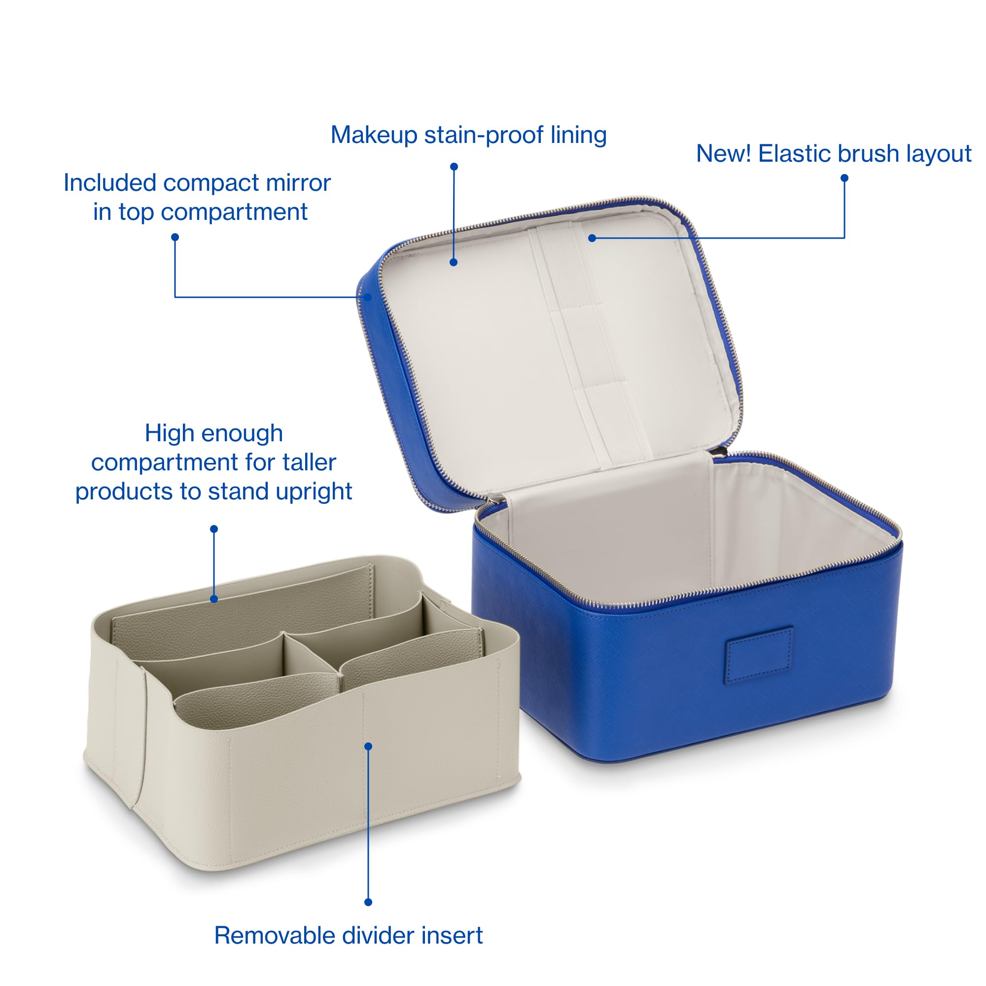ETOILE Duo Vanity Case Cobalt - Large Travel Makeup Bag Organizer with Removable Divider & Mirror | Perfect for Makeup Storage & Travel Essentials | Great for Vacation, Business Trips & Daily Use