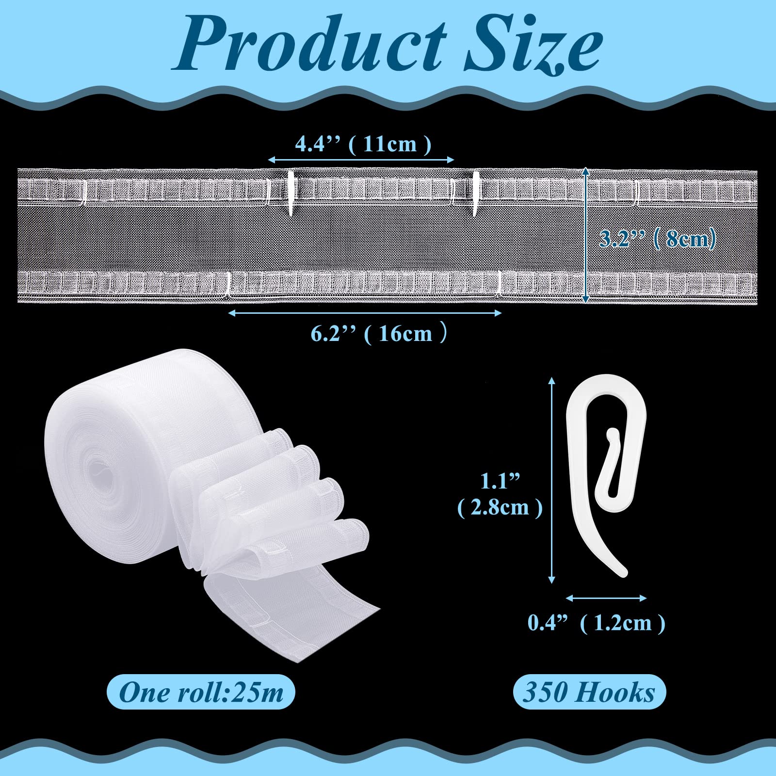 Juexica Transparent Wave Curtain Tape - 25 Meter (82 Feet) with 350 Hooks for Ripple Fold Curtains | Drape Accessories for Living Room, Bedroom & Window Decor
