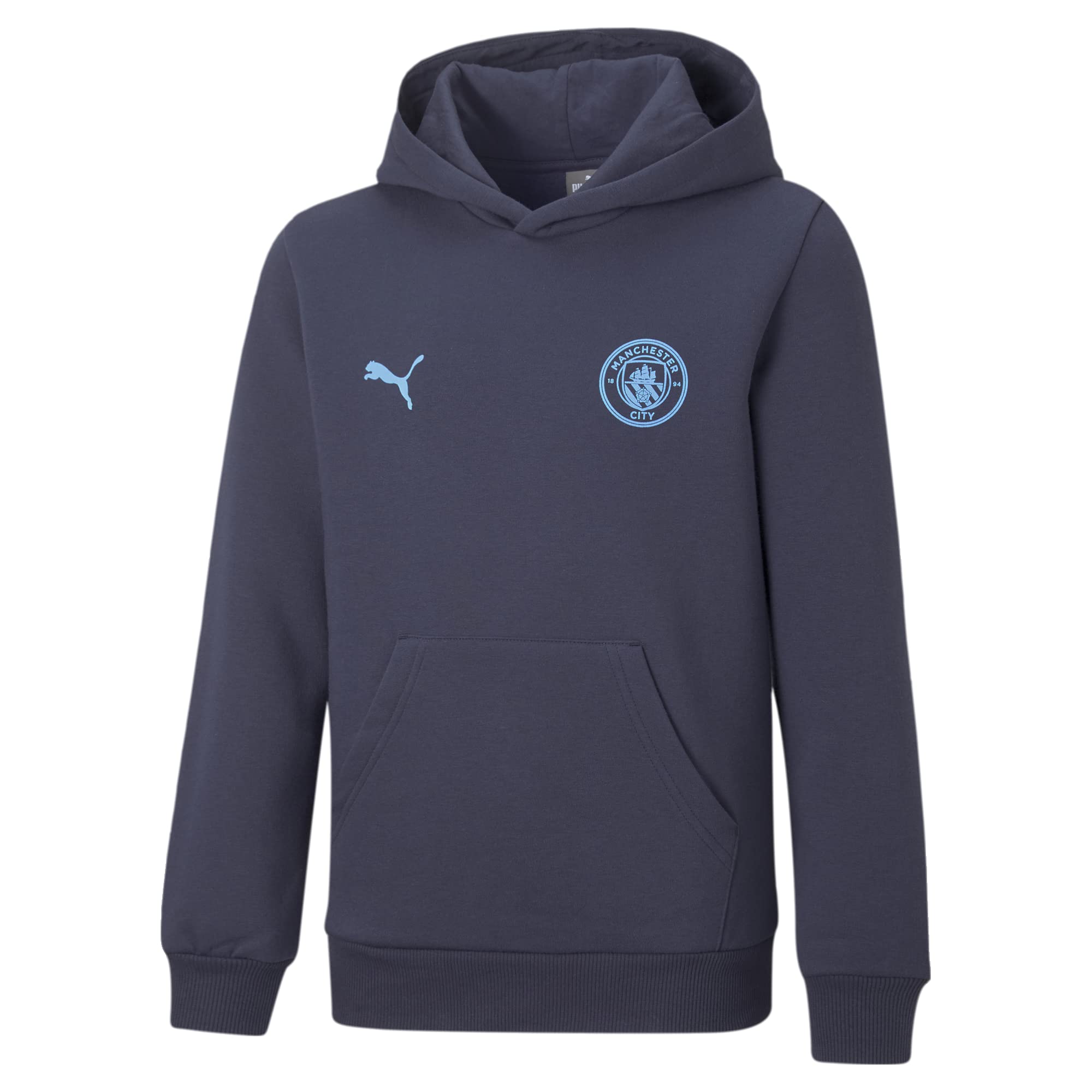 PUMA Manchester City Essentials Kids Hooded Sweatshirt - Boys' & Girls' Football Hoodie for Fans - Comfortable Cotton Blend Pullover for School, Play & Soccer Games