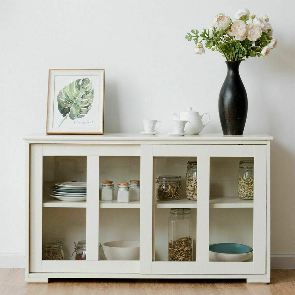 White Storage Cabinet with Glass Sliding Doors - 42
