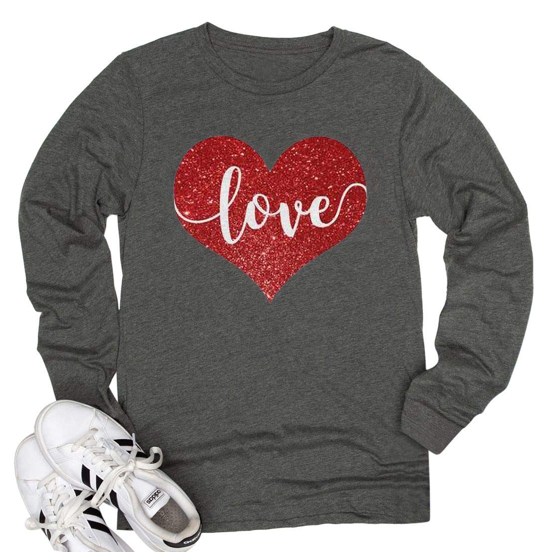Beopjesk Women's Love Heart Raglan Long Sleeve T-Shirt - Valentine's Day Graphic Tee for Casual Wear, Date Night & Gifts