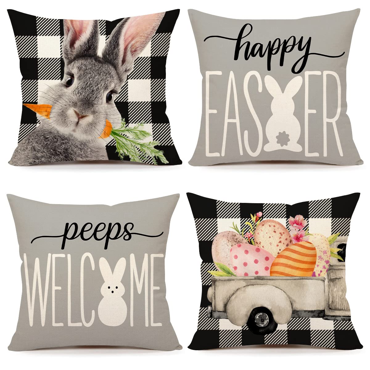 Easter Pillow Covers 18x18 Inch Set of 4 - Spring Farmhouse Decor, Buffalo Plaid Bunny Eggs Throw Pillow Cases for Couch, Sofa & Bedroom - Easter Home Decorations with Welcome Peeps Design TH163