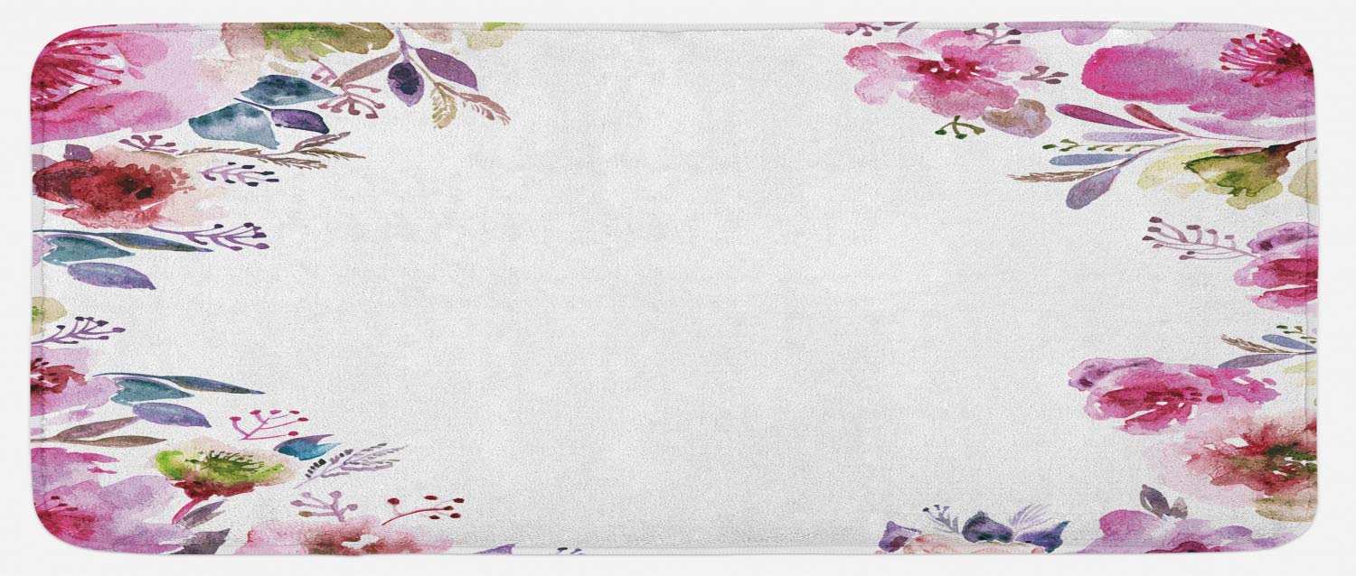 Ambesonne Floral Kitchen Mat - Non-Slip Plush Decorative Rug with Watercolor Flower Design, 47