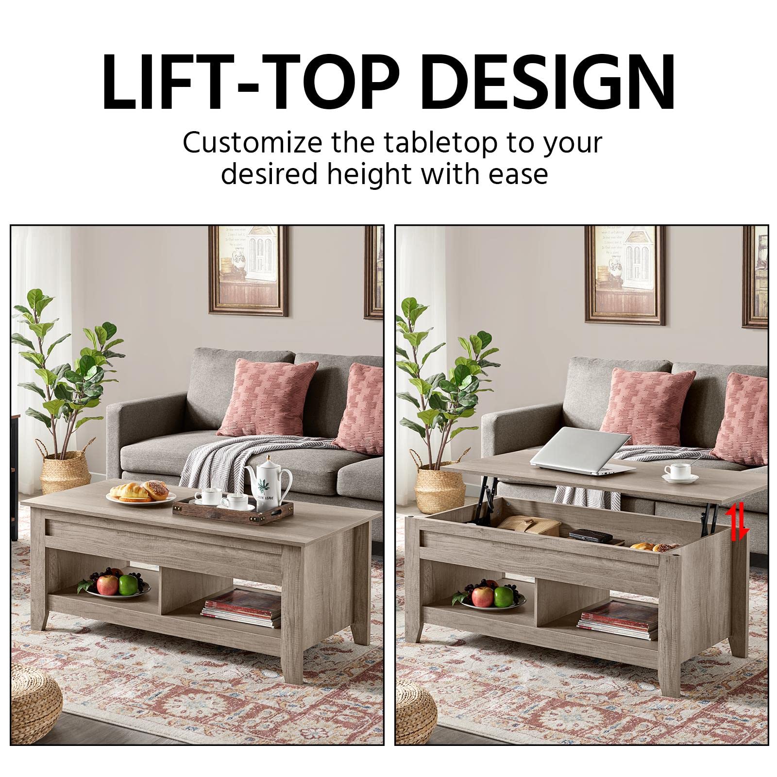 Yaheetech Lift Top Coffee Table with Hidden Storage & 2 Open Shelves - 47.5