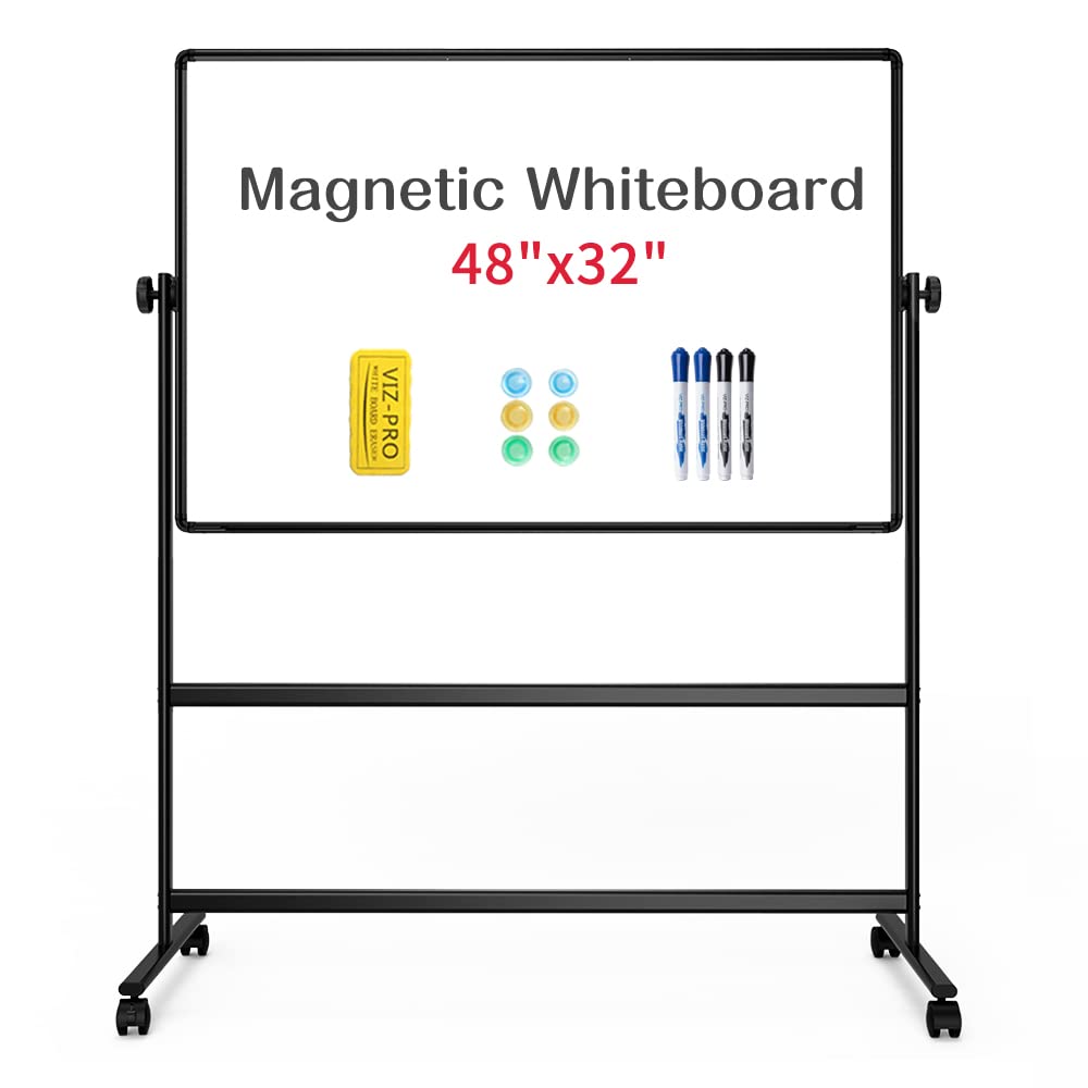 VIZ-PRO 48x32 Inches Double-Sided Magnetic Mobile Whiteboard - Adjustable Height Rolling Dry Erase Board with 4 Markers, 6 Magnets, Eraser & Hooks - Perfect for Offices, Classrooms & Home Use