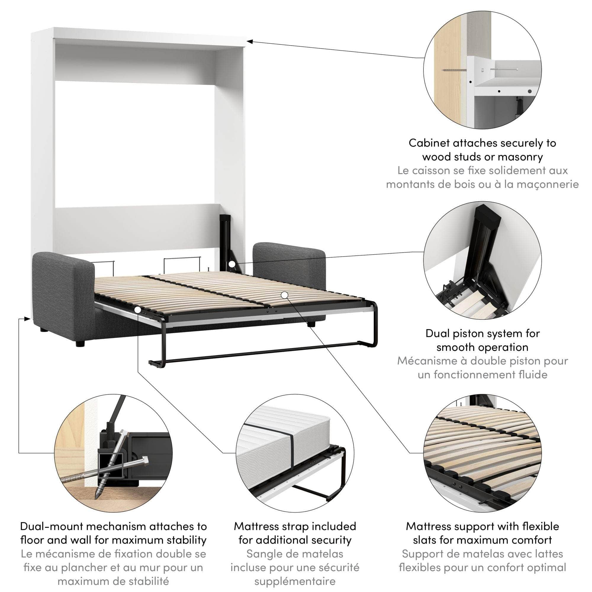 Queen Murphy Wall Bed with Sofa in White - Space-Saving Foldable Bed for Small Apartments, Guest Rooms & Home Offices