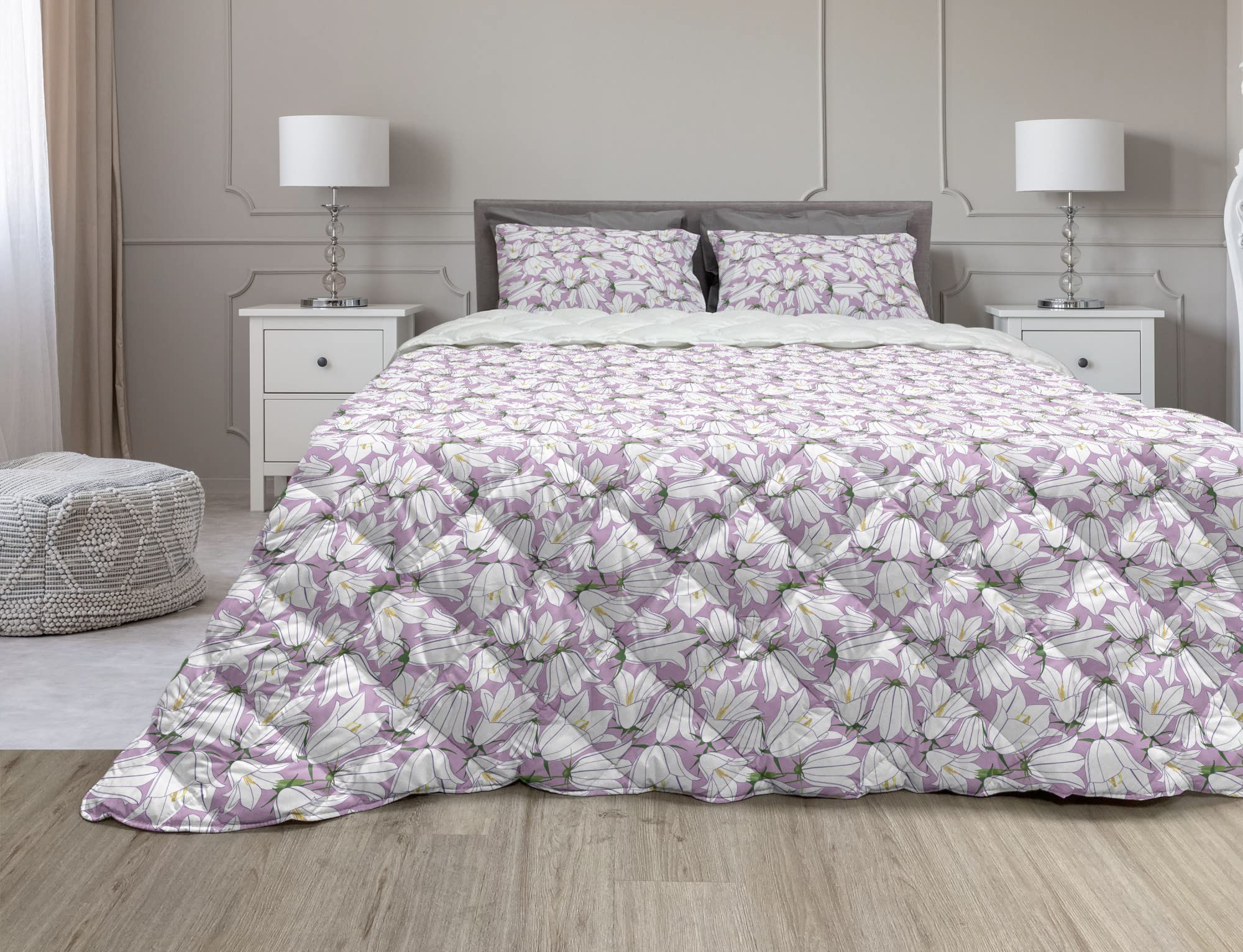 Ambesonne Floral Comforter Set King Size - 3 Piece Bluebell Bouquet Duvet Cover with Sham, Microfiber Filling, Lilac White & Green Spring Meadow Flowers Design for Bedroom Decor | Perfect for Master Bedroom, Guest Room & Spring Season Refresh