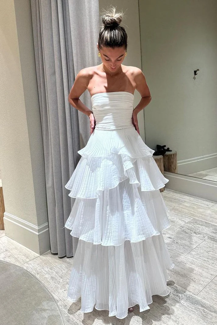 Elegant White A-Line Tiered Prom Dress for Birthday Party & Evening Events - J6596 | Perfect for Homecoming, Formal Dances & Special Occasions