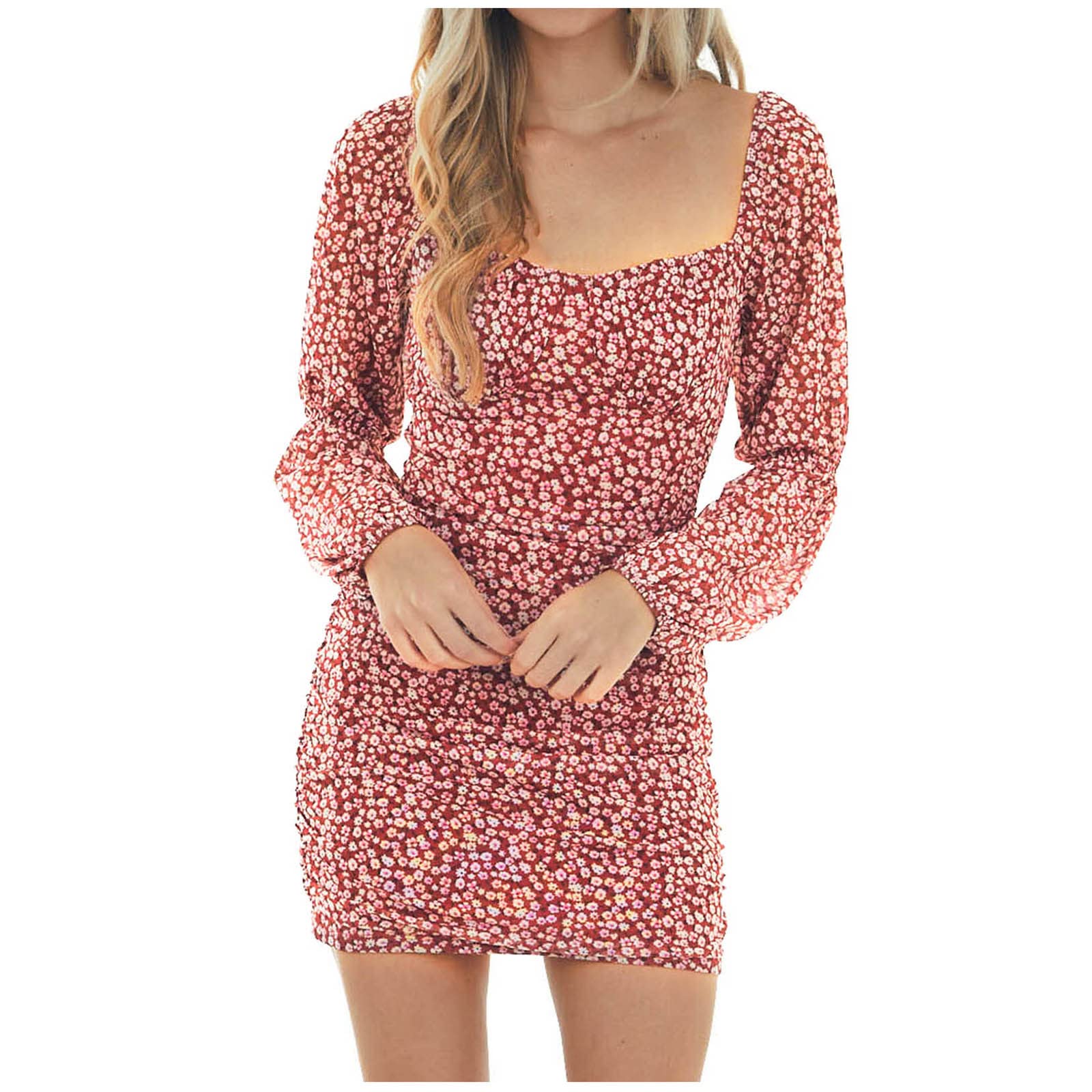 Luciava Women's Summer Dress - Loose Fit Casual Mini Dress with Small Chrysanthemum Print, Square Neck & Long Sleeves | Perfect for Beach Vacation, Holiday Party & Everyday Wear