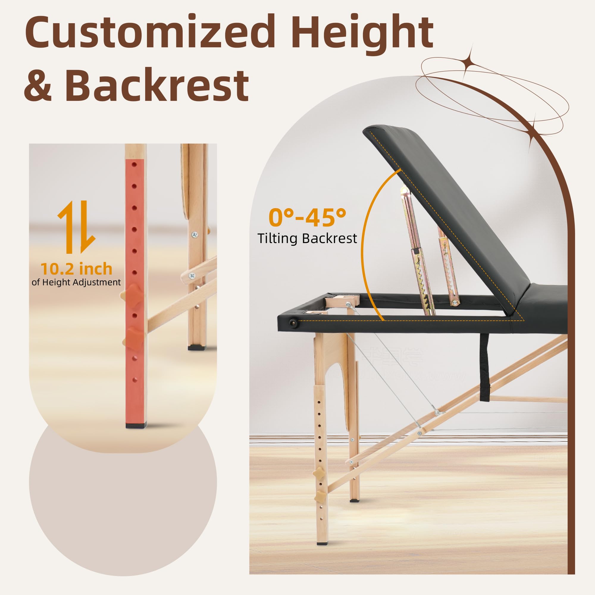 Professional ABET Portable Massage Table - 3 Fold Adjustable Height Lightweight Lash Bed for Eyelash Extensions, Facial Spa & Tattoo Services with Oil Pocket, Towel Rod & Wood Feet - Perfect for Beauty Salons, Home Spa & Mobile Therapists