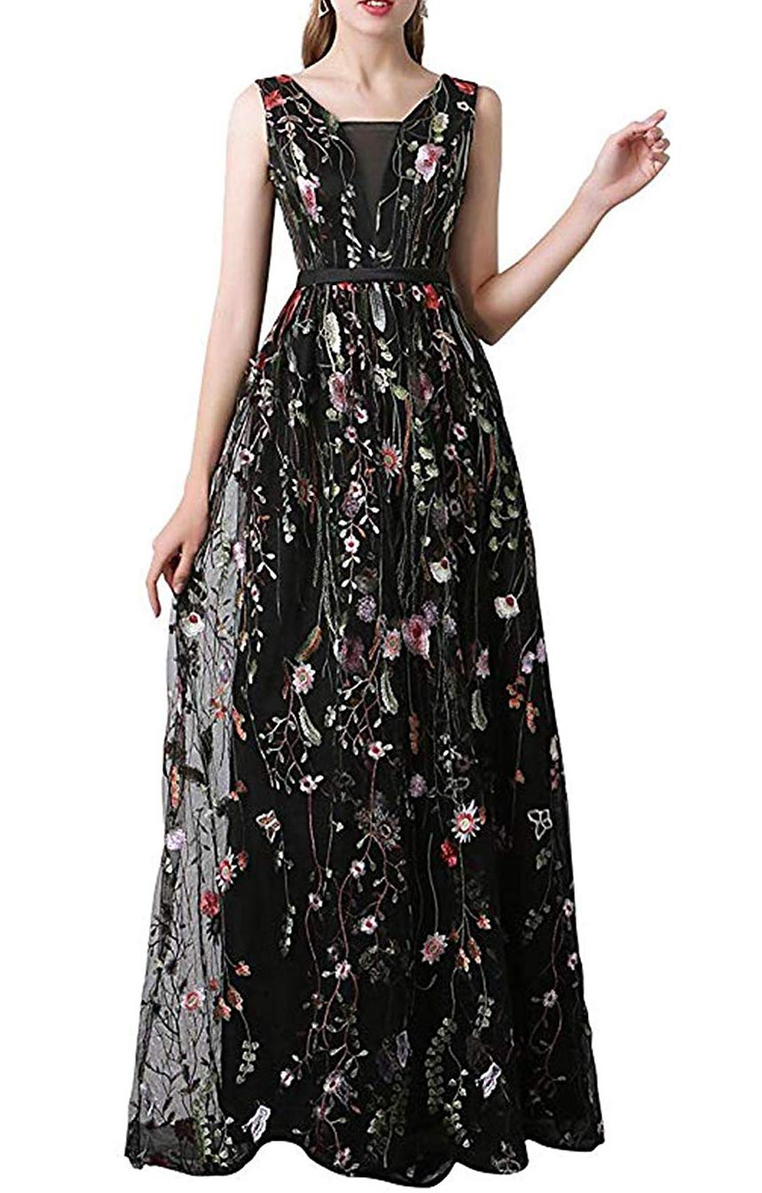 Honeydress Women's Embroidered Long Sleeve Maxi Dress - Size 14, Black - Elegant Boho Floral Dress for Wedding, Party & Special Occasions