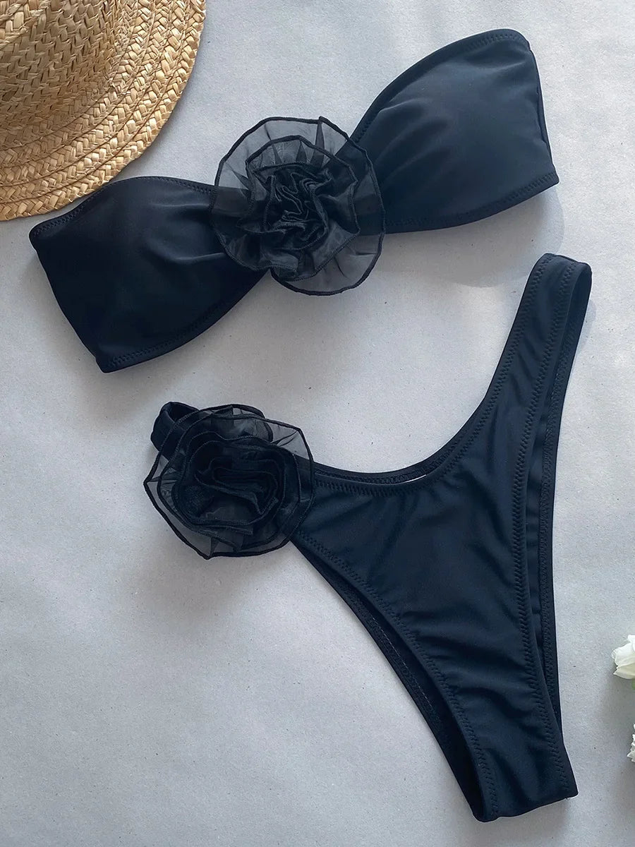 3D Flowers Brazilian Strapless Bandeau Bikini Set - Women's High Cut Two Piece Swimwear | Sexy Summer Beach Bathing Suit for Pool, Vacation & Tropical Getaways