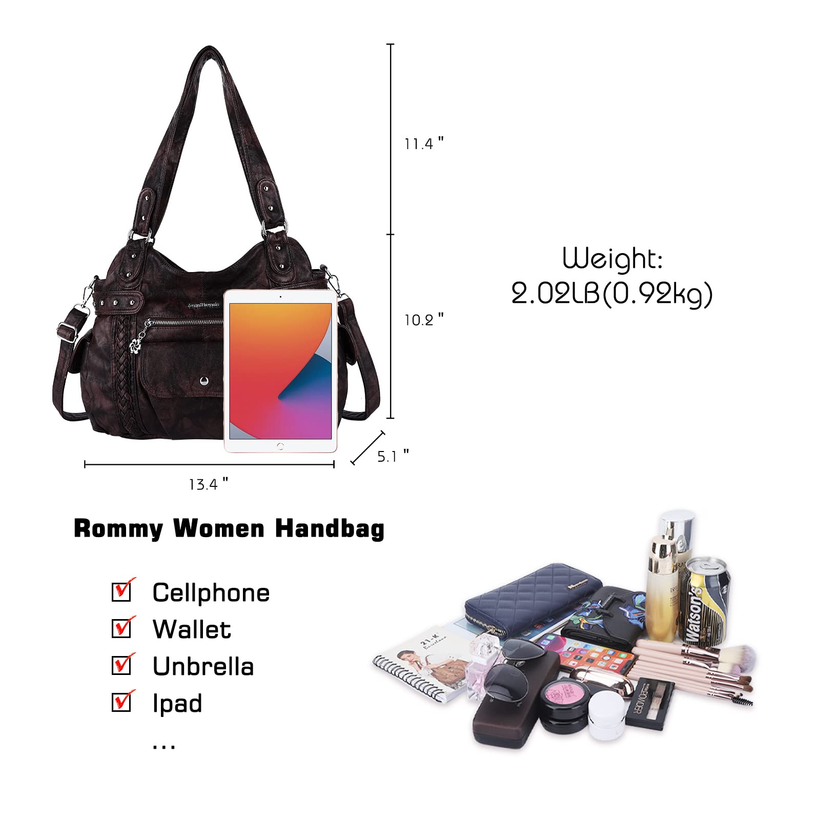 Angel Barcelo Women's Genuine Washed Leather Hobo Handbag - Stylish Shoulder Purse & Satchel Tote Bag for Work, Travel & Everyday Use