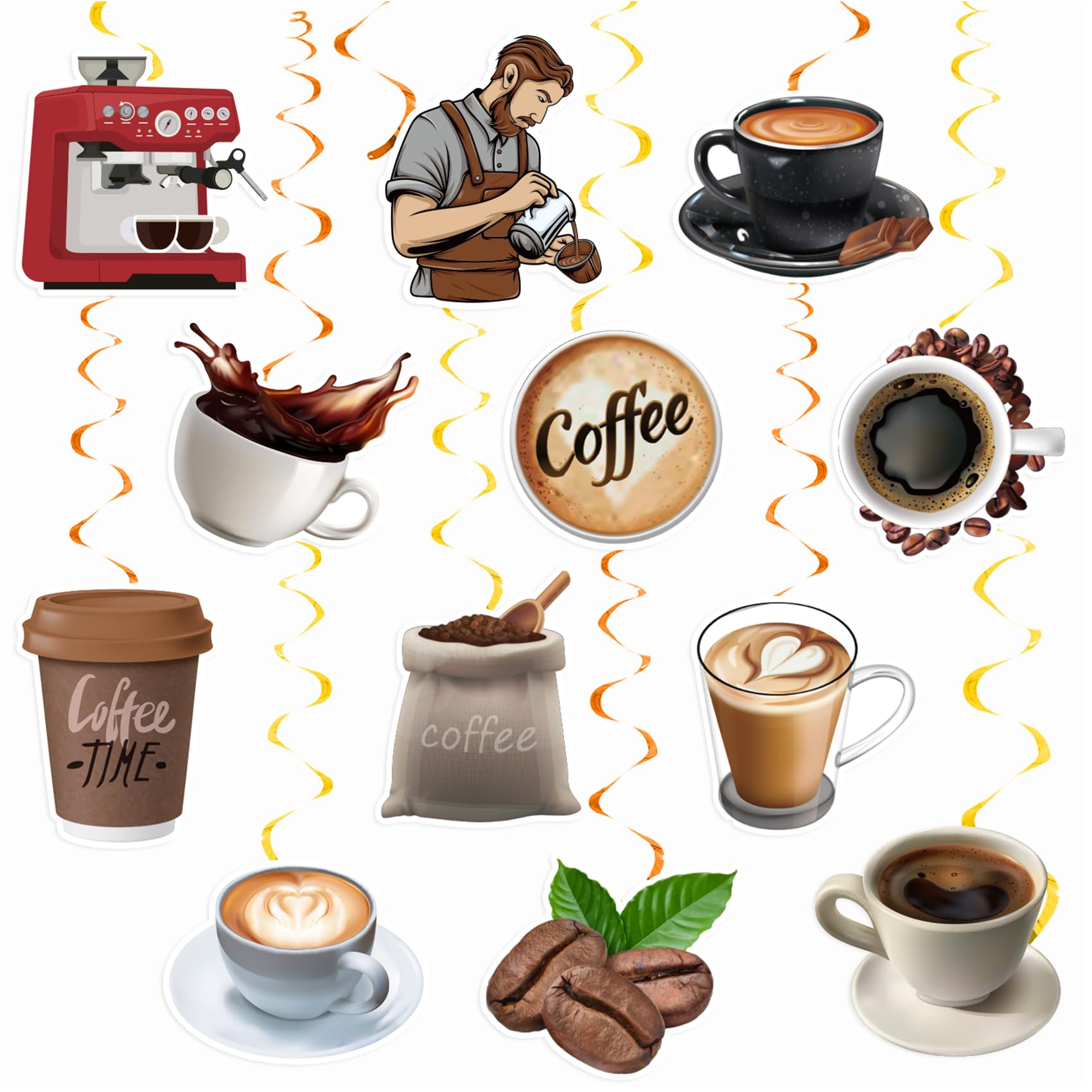 24 Pcs Coffee Hanging Swirls Decorations - Ceiling Hanging Decor for Coffee Shop, Cafe & Home - Perfect for Coffee Themed Parties, Weddings & Events