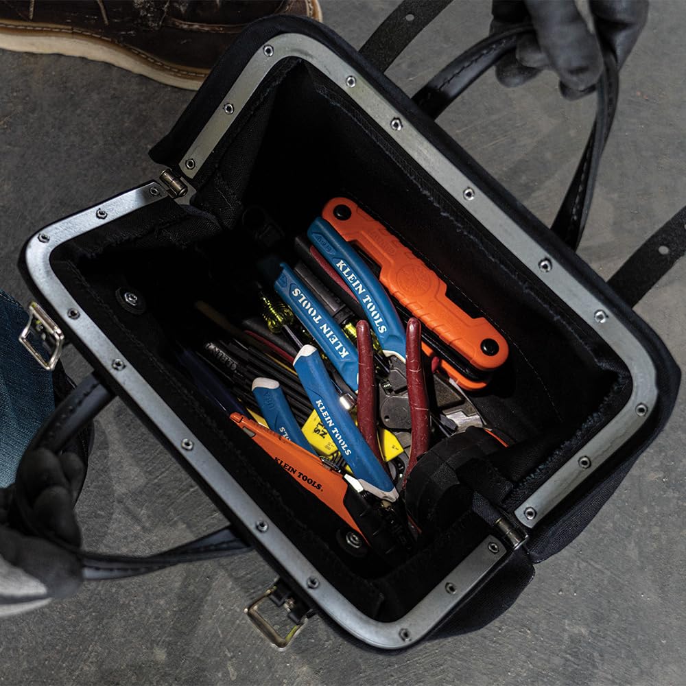 Klein Tools 510212BLK Heavy Duty Black Canvas Tool Bag - 12-Inch Professional Tool Tote with Wide Hinged Opening & Leather Handles - Perfect for Electricians, Contractors & DIY Projects
