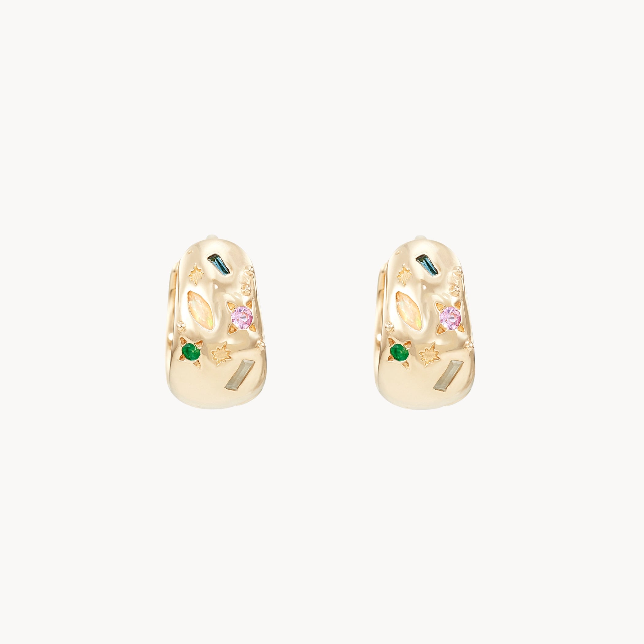 14K Yellow Gold Reversible Chunky Hoop Earrings with Natural Gemstones - Elegant Statement Jewelry for Women, Perfect for Parties, Weddings & Everyday Wear