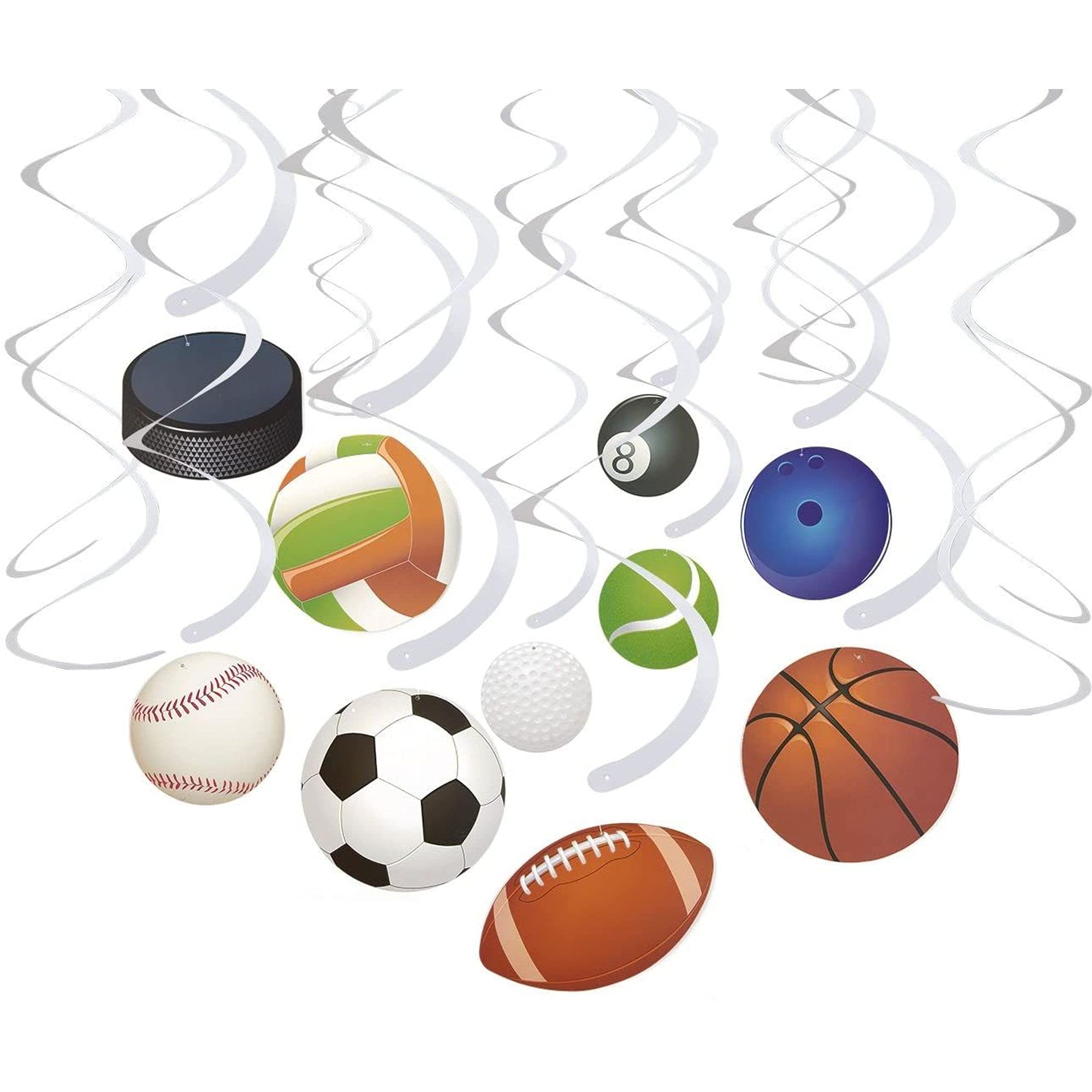 Juvale 30-Pack Sports Party Hanging Swirl Decorations - Colorful Ceiling & Wall Decor for Birthday, Game Day & Team Celebrations