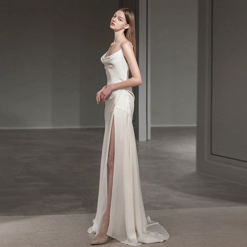 Elegant White Satin French Spaghetti Strap Long Prom Dress with V Back - Perfect for Weddings, Formal Events & Evening Galas