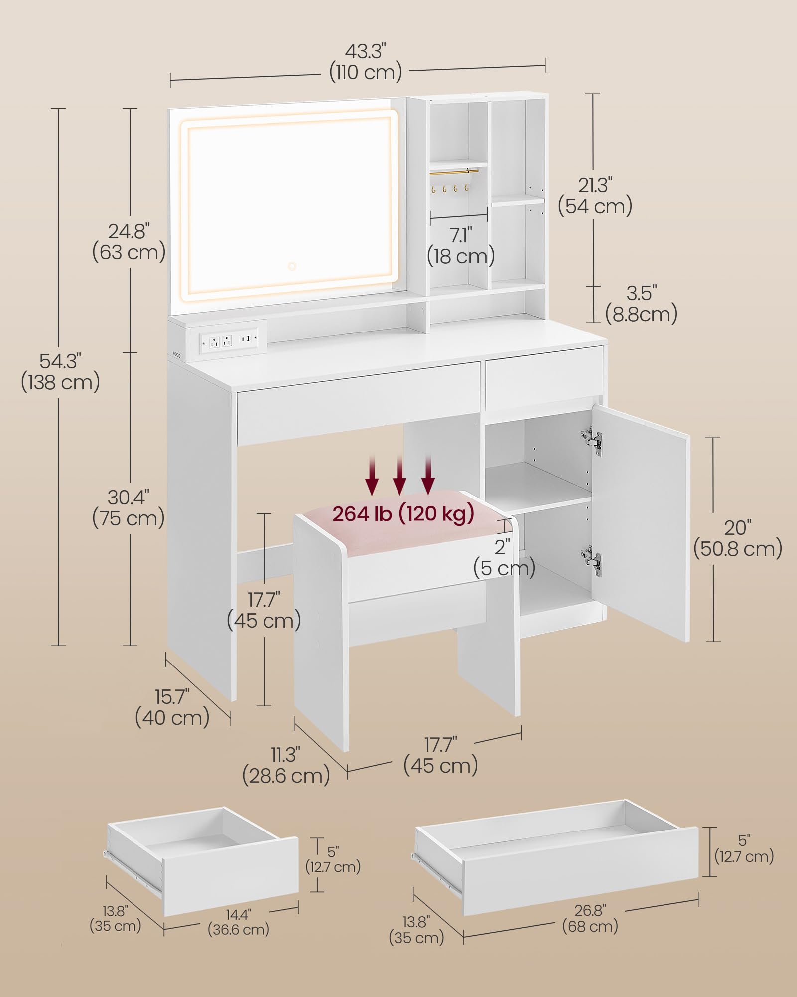 VASAGLE 43.3-Inch Vanity Desk with LED Mirror, Power Outlets & Stool - Adjustable Shelves, Jewelry Storage Drawers - Cloud White Makeup Dressing Table for Bedroom, Home Decor & Beauty Routine