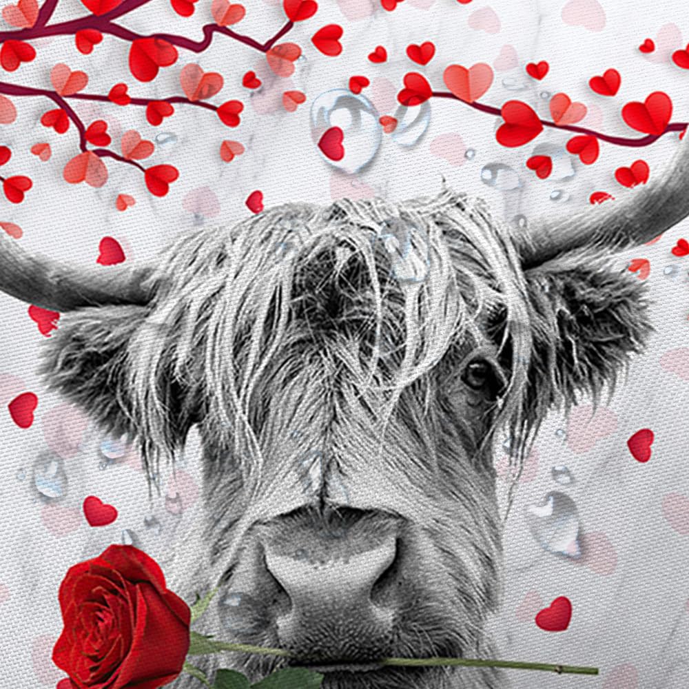 Funny Highland Cow Valentine's Day Shower Curtain - Farmhouse Western Rustic Bathroom Decor with Red Heart Tree Design, Includes Hooks (72x72 Inches) | Perfect for Farmhouse Bathrooms, Valentine's Gifts & Country-Themed Home Decor