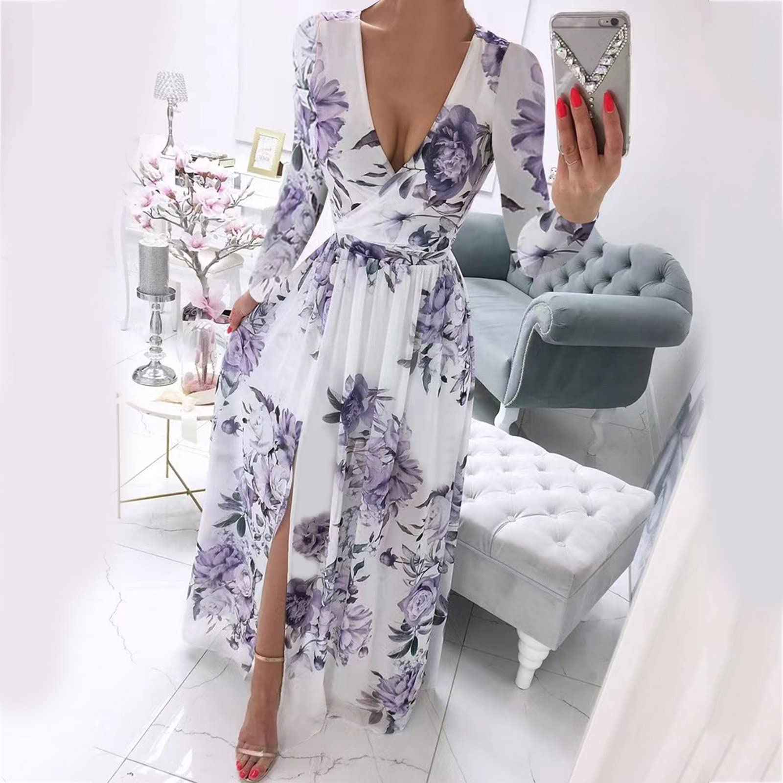 Elegant Long Sleeve V-Neck Chiffon Boho Dress with Floral Print - Women's Flowy Maxi Dress for Party, Wedding & Special Occasions