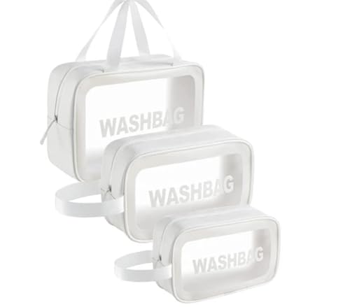 KHAMOSH TRADERS™ 3-Pack Waterproof Makeup Travel Bag Set - Zippered Cosmetic Organizer Pouch for Women & Girls (White) | Perfect for Gym, Beach, Camping & Airplane Carry-On