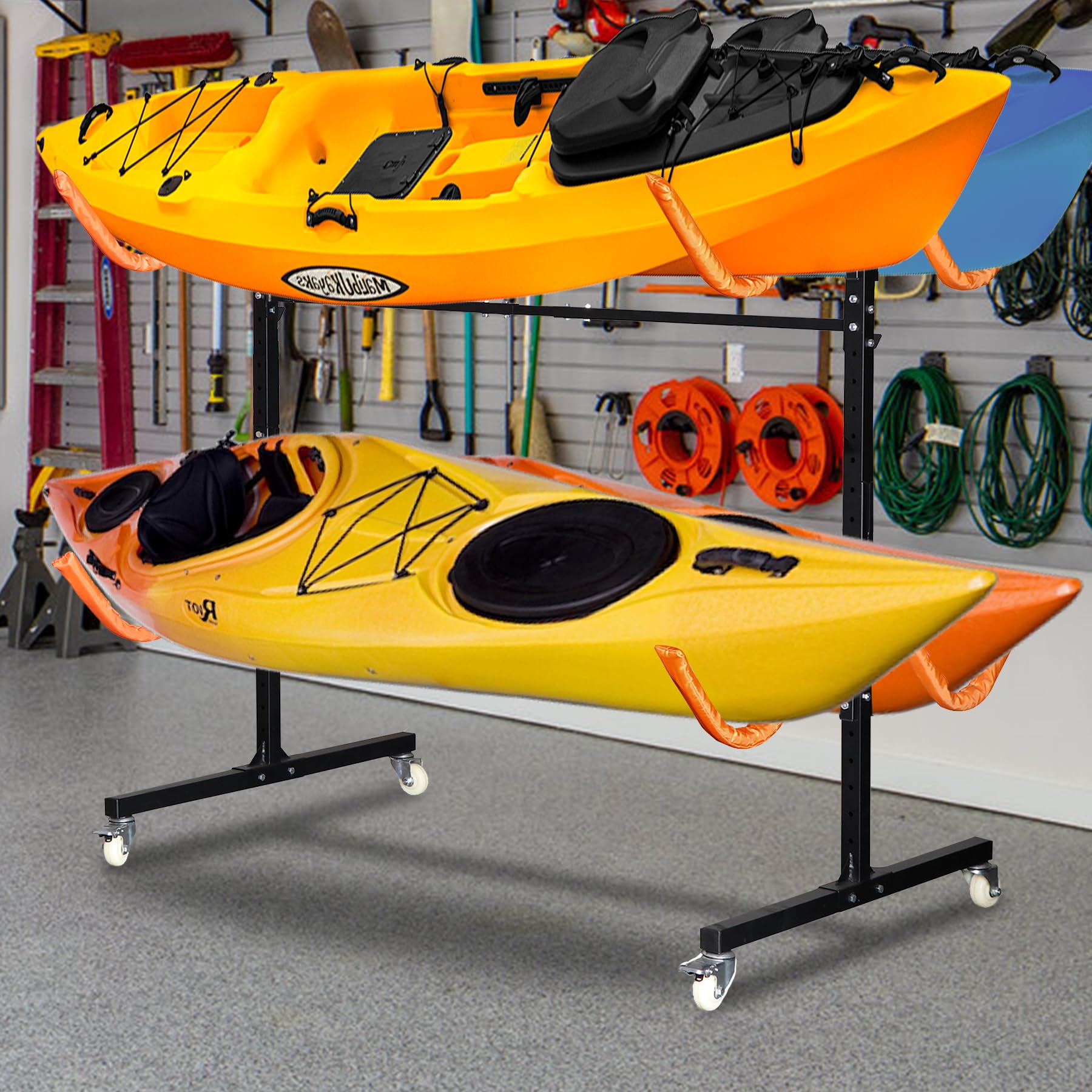 Heavy Duty Freestanding Kayak Storage Rack for 2-4 Kayaks - Adjustable Outdoor Kayak Stand with Wheels for Canoe, SUP & Surfboard | Perfect for Garage, Backyard & Boat Storage Organization
