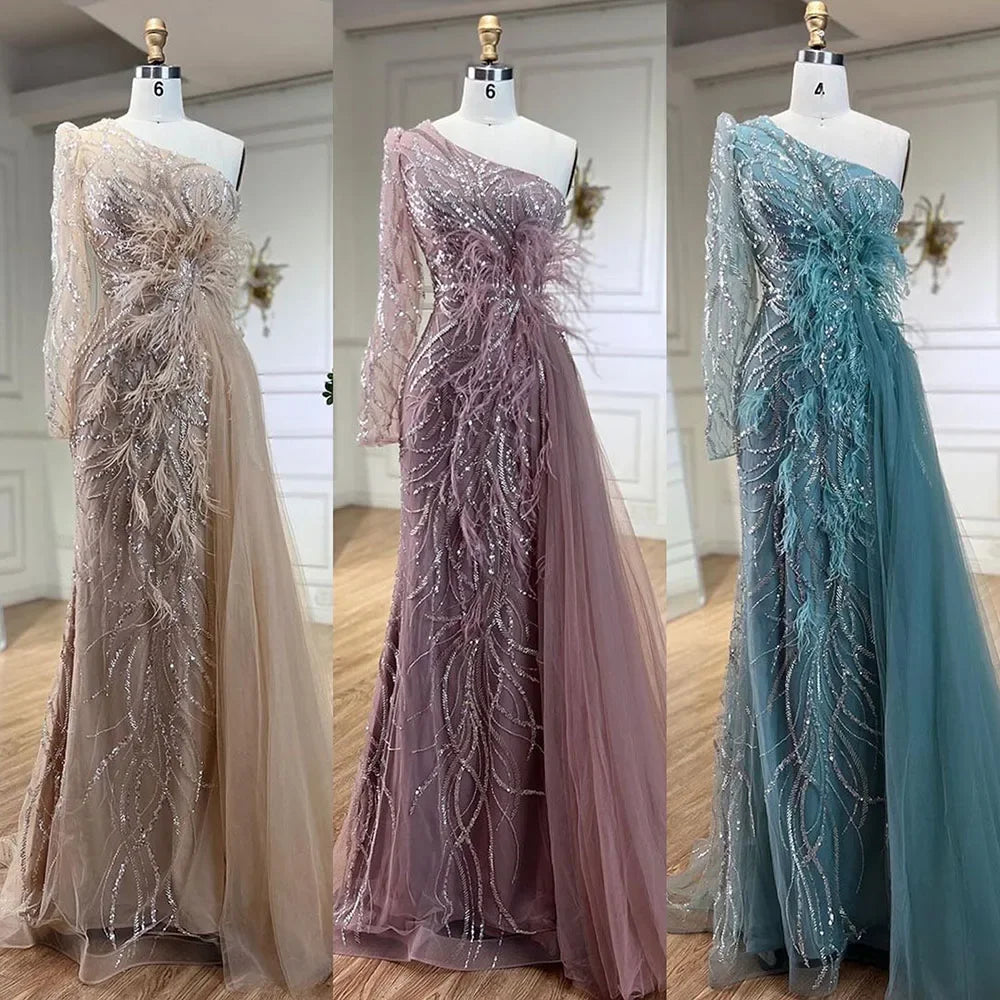 Serene Hill Caramel Mermaid Evening Gown with Overskirt & One Shoulder Beaded Feathers - Women's Formal Party Dress for Prom, Gala & Special Occasions 2025 LA71789A